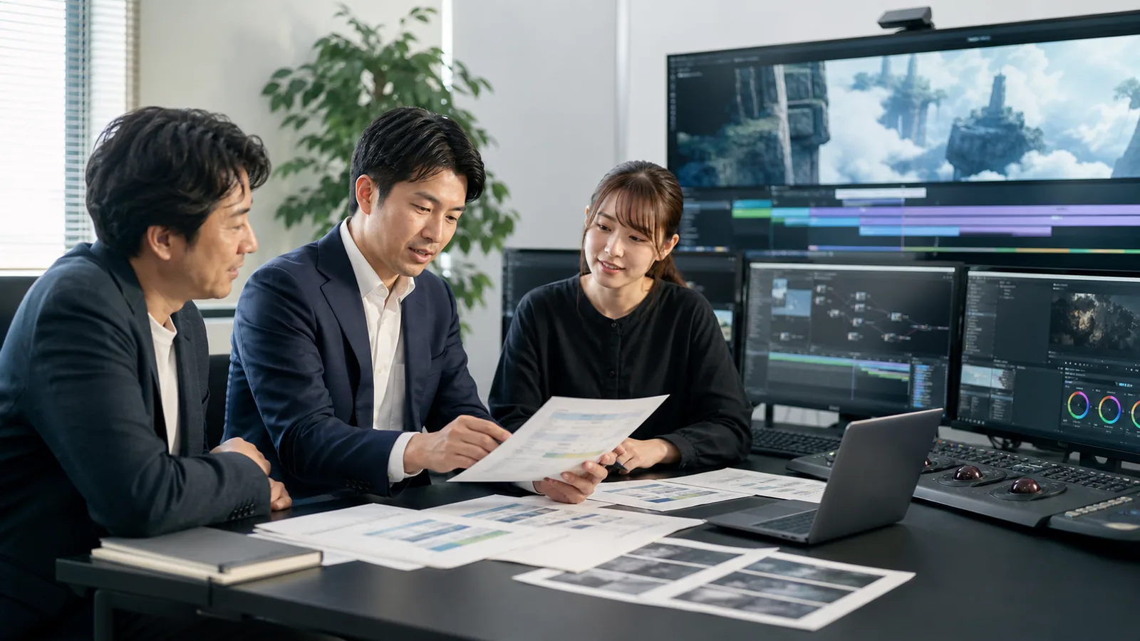 アニメ撮影・コンポジット会社のM&Aで制作資料と合成画面を確認する経営者とアドバイザー