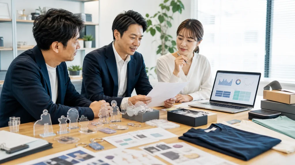アニメグッズ・EC事業のM&Aで商品サンプルと販売データを確認する経営者とアドバイザー