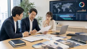 アニメIP・海外配信権のM&Aで契約台帳と海外展開データを確認する経営者とアドバイザー