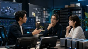 3DCGとポスプロ会社のM&Aで設備稼働と技術者を確認する様子