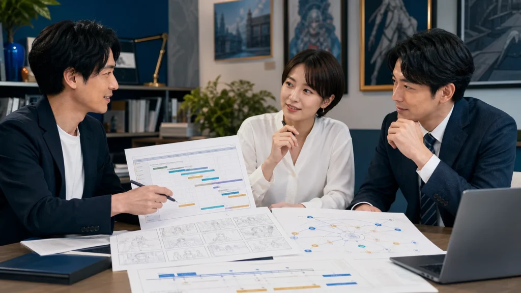 アニメ制作会社の制作ラインと外注網を整理する会議風景
