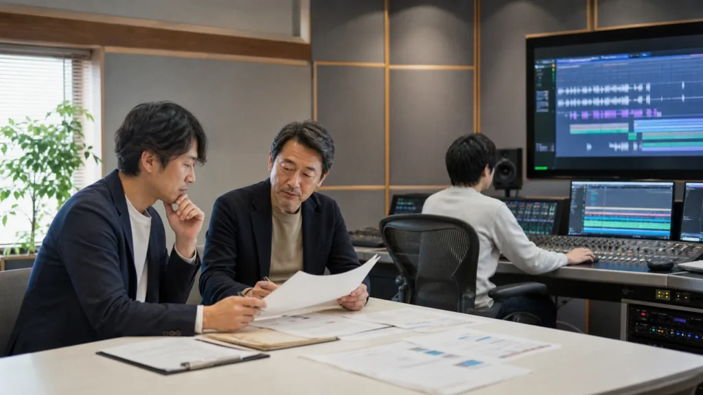 アニメ音響制作・ポストプロ会社のM&Aで収録スタジオの承継資料を確認する経営者とアドバイザー