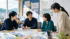 地方アニメスタジオのスタッフと地域ネットワークを示す会議風景