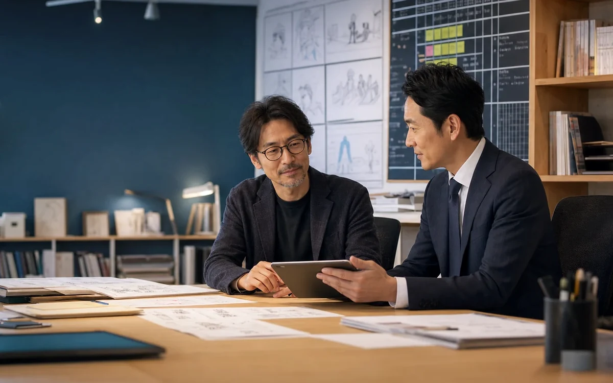 アニメ制作スタジオで承継相談をする様子